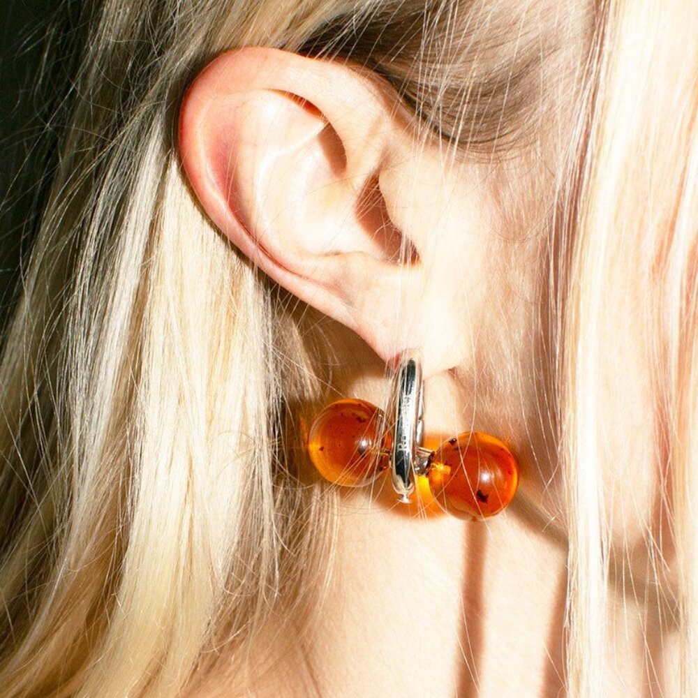 Amber Bead Hoop Earrings - Silver and Amber